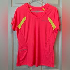 Brooks women’s running tech shirt, sz L. Short sleeve high-vis pink and yellow.